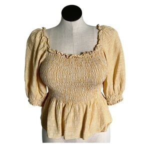Max Edition Cottagecore Yellow Pinstripe Smocked Peplum Peasant Top - Size XL